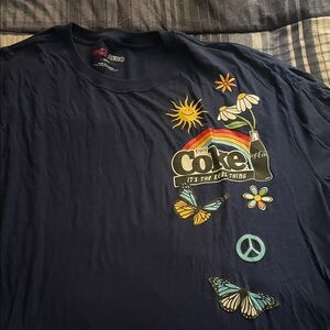 Coca-Cola Navy Tee with Rainbow, Butterflies & Peace Symbol
